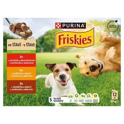 KAPSIČKA PES FRISKIES ADULT MULTIPACK HOVÄDZIE/KURA/JAHŇACIE V ŠŤAVE 12x85g